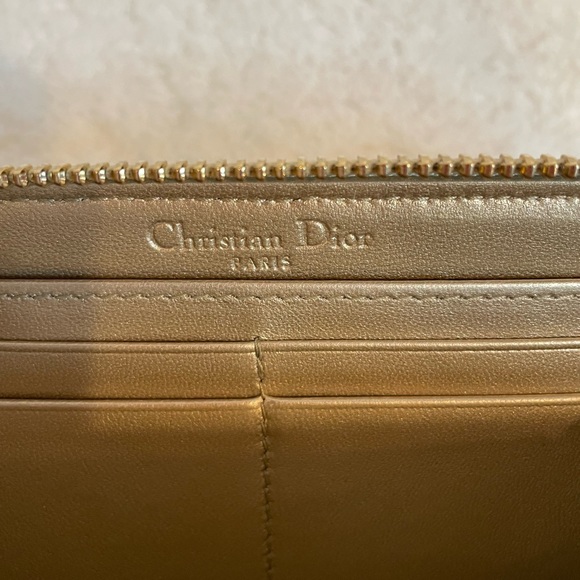 EUC Lady Dior Voyageur Cannage Gold Leather Zip Around Wallet with Logo charm - Picture 9 of 10